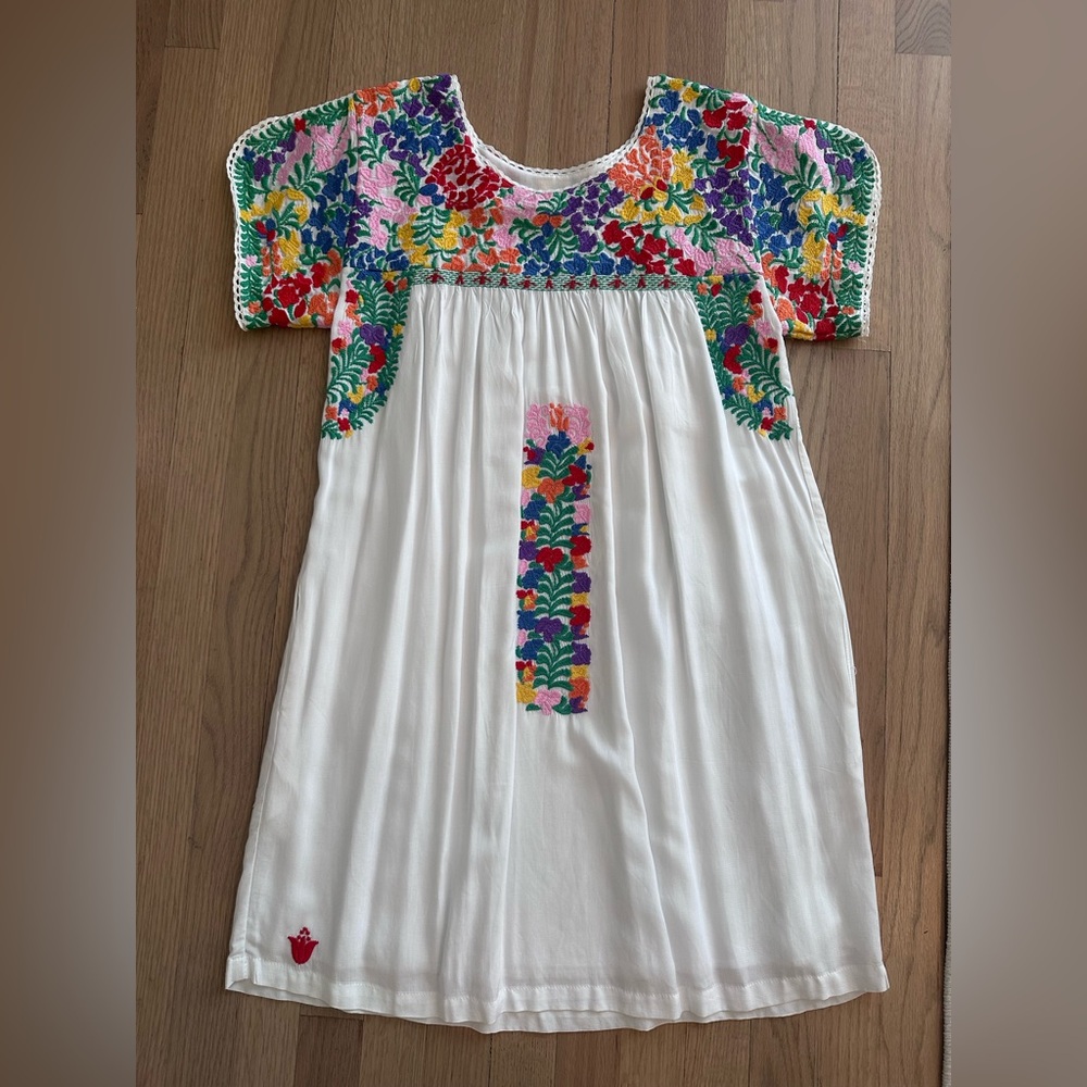 Hand-Embroidered White Dress with Multicolor Floral Yoke-double lined